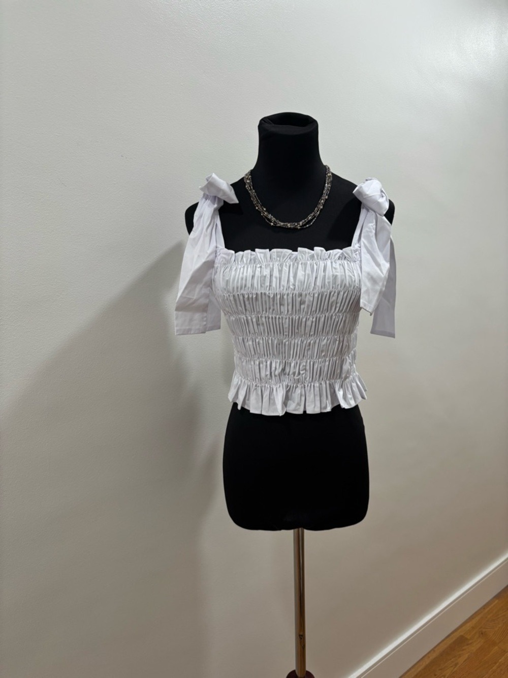 572 Choosy White Smocked Tie-Shoulder Crop Top - Women